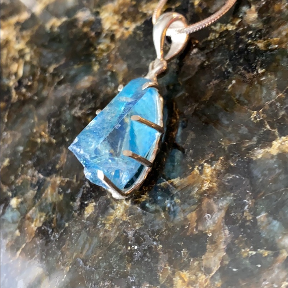 Genuine Aqua Aura Crystal Pendant on Sterling - Picture 2 of 7